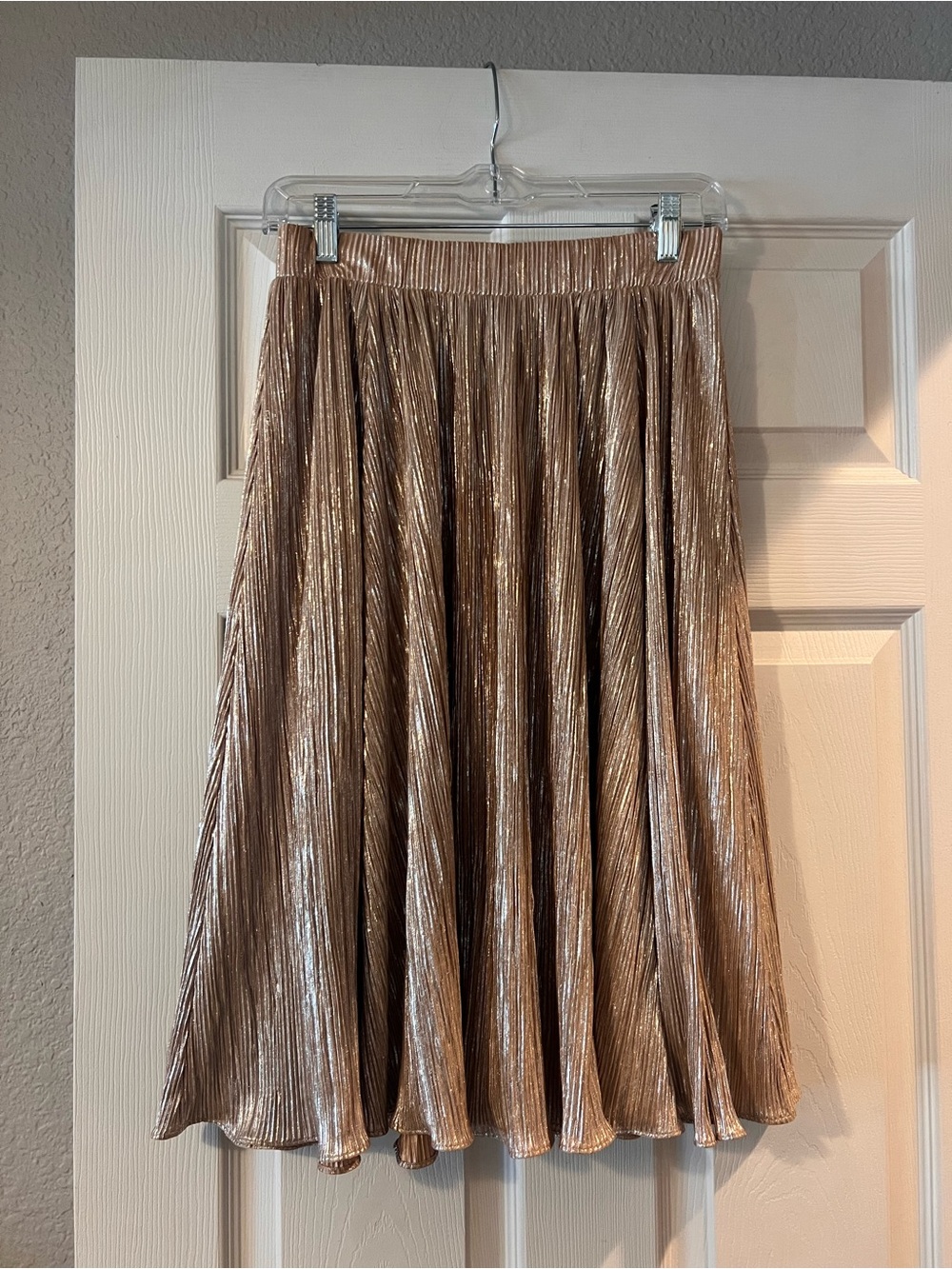 New York & Company Metallic Pleated Midi Skirt - Champagne Gold